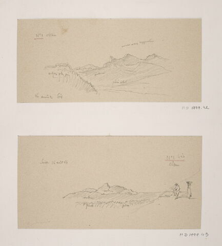 Album du "Voyage en Suisse". 1864, d'après Constant DUTILLEUX - Paysage de montagne à Olten avec deux personnages "16 Août 1864"
