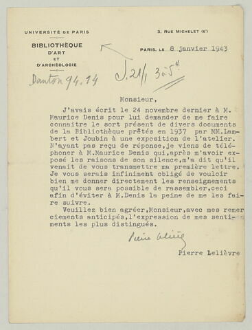 LS Pierre Lelièvre, 8 janvier 1943 à Maurice Denis