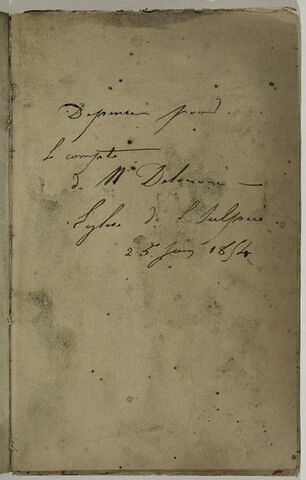Carnet de compte à couverture marbrée noir et bleu "dépense pour le compte de M. Delacroix, église de Saint-Sulpice, 25 juin 1854