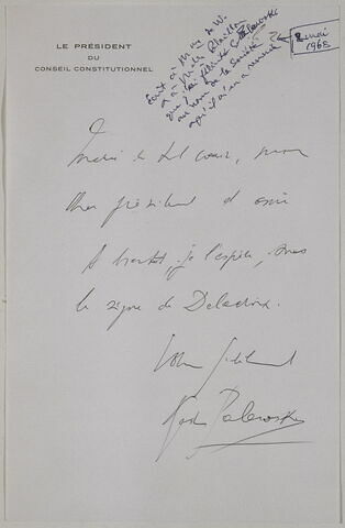 Lettre autographe signée Gaston Palewski à Raymond Laurent