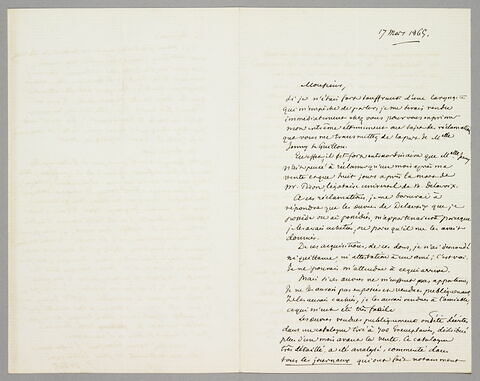 Lettre autographie signée Frédéric Villot à Eugène Legrand, 17 mars 1865, image 2/2