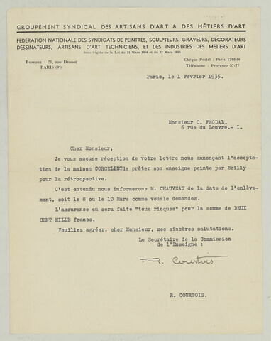 LS R. Courtois à Charles Fegdal, 1er février 1935, image 1/1