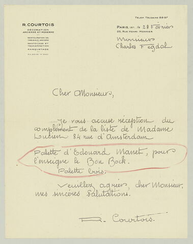 LAS R. Courtois à Charles Fegdal, 28 février [1935?], image 1/1
