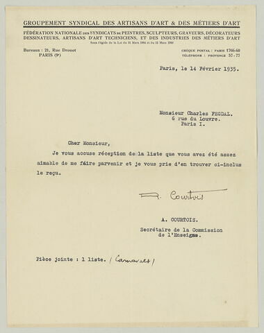 LS R. Courtois à Charles Fegdal, 14 février 1935