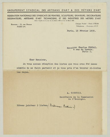 LS R. Courtois à Charles Fegdal, 15 février 1935