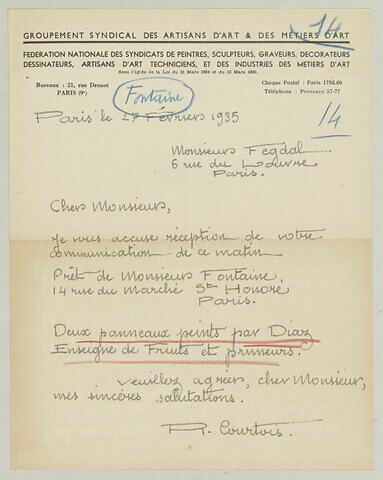 LAS R. Courtois à Charles Fegdal, 27 février 1935