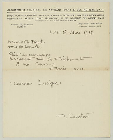 Reçu signé R. Courtois, 16 mars 1935