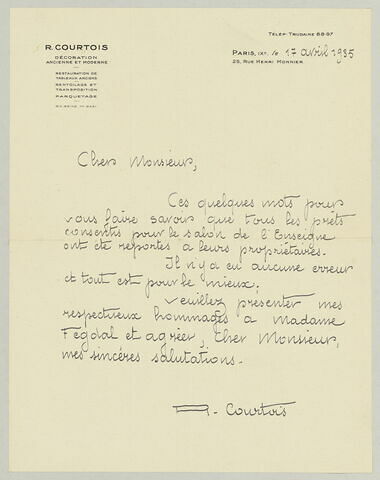 LAS R. Courtois à Charles Fegdal, 17 avril 1935, image 1/1