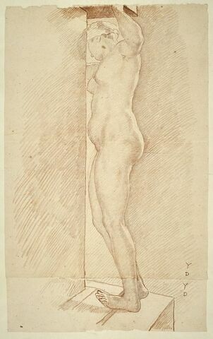 Femme nue, debout vue de côté, tournée à gauche