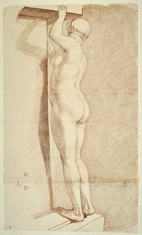 Femme nue, debout, tournée à gauche, vue de trois quarts par le dos, image 1/2