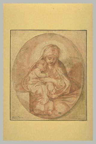 La Sainte Vierge tient de ses deux mains l'Enfant Jésus endormi