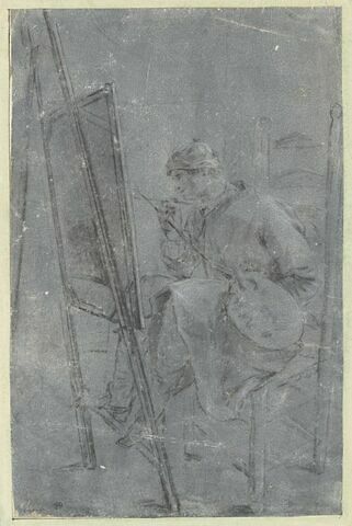 Un peintre assis et peignant un tableau placé sur un chevalet
