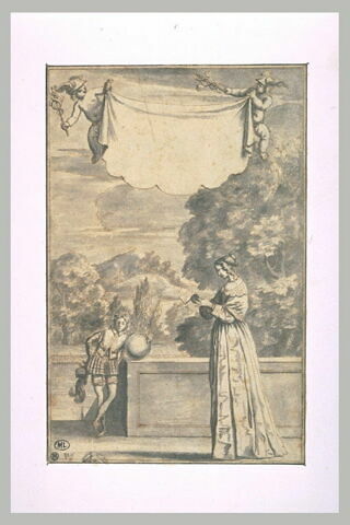 Femme dans un parc, lisant une lettre, et deux putti tenant un caducée, image 2/2