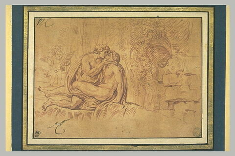 Vénus et Adonis (?) enlacés et l'Amour dans un paysage
