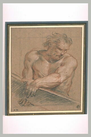Homme nu, vu en buste, portant une pièce de bois, image 2/2