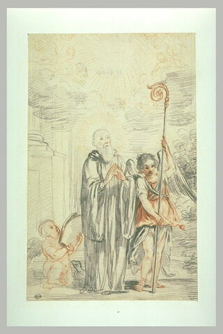 Saint Benoît debout les mains jointes, et deux anges, image 1/1