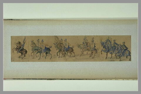 Dix masques à cheval habillés de bleu, marchant vers la gauche, image 1/1