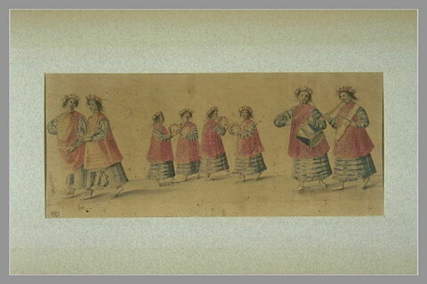 Huit masques, quatre dansant et deux jouant de la musique, deux marchant, image 1/1