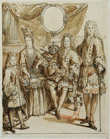 Louis XIV assis et trois personnages de sa cour, image 1/2