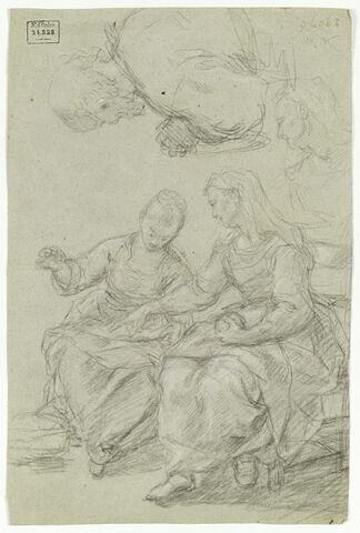 Deux femmes assises, buste de femme, et demi-figure d'homme, les mains jointes