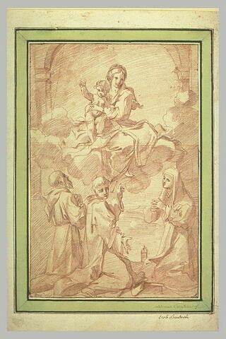 Deux religieux et une religieuse à genoux devant la Vierge et l'Enfant, image 1/1