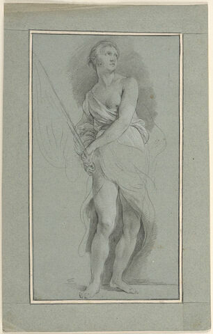 Femme debout, drapée, portant un étendard : Bellone