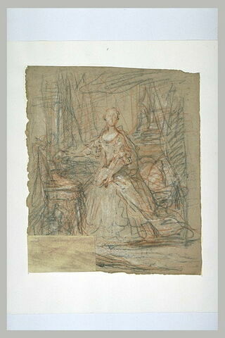 Portrait d'une femme debout, dans son intérieur, retenant un pan de sa robe, image 2/2
