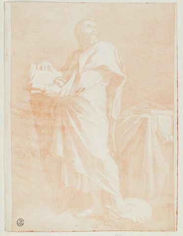 Saint Matthieu tenant un livre, le pied posé sur un sac d'argent