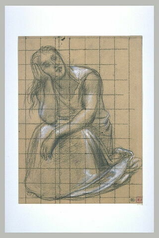 Femme assise, vue de face, le bras gauche pendant, la tête appuyée..., image 1/1