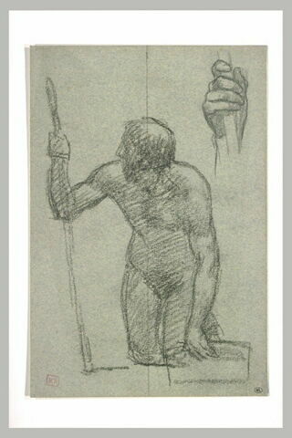 Homme nu, agenouillé, regardant vers la gauche, la main droite tenant..., image 1/1