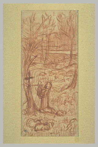 Personnage agenouillé devant un crucifix, de profil à gauche dans un paysage, image 1/1