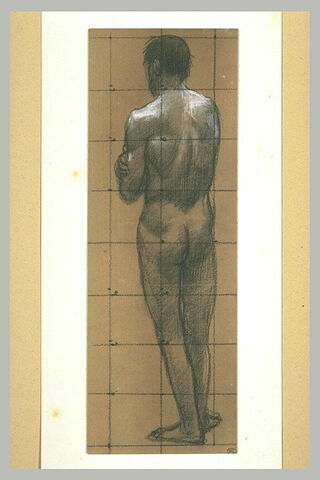 Homme nu, vu de dos, de trois quarts à gauche, les bras croisés, image 1/1