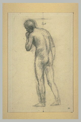 Homme nu, vu de dos, de trois quarts à gauche, la main gauche à la bouche