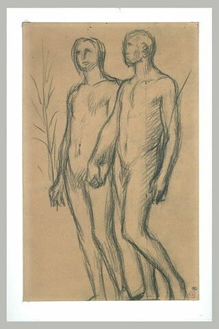 Deux hommes nus, se dirigeant vers la gauche, tenant des portant des palmes