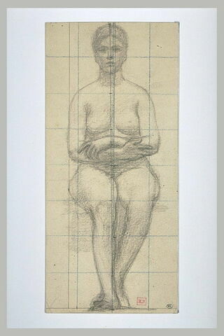 Femme nue assise, vue de face, les bras croisés