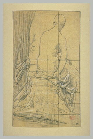 Femme nue assise près d'un arbre, vue de dos, le bras du corps recouvert..., image 1/1