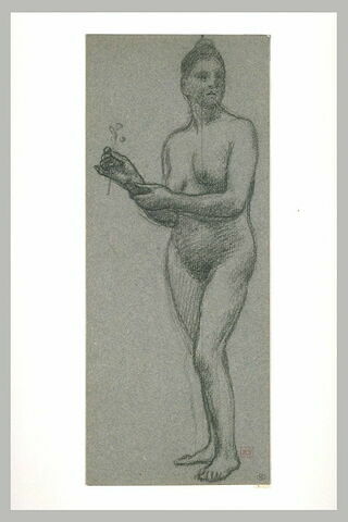 Femme nue debout de troit quarts à gauche tenant une fleur de la main droite