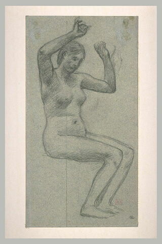 Femme nue assise, tournée de trois quarts vers la droite, les bras levés