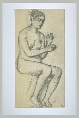 Femme nue assise, de trois quarts à droite, les mains levées