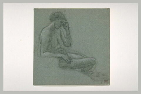 Femme nue assise, de profil à droite, la main gauche contre le front, image 1/1
