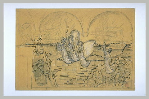 Figures drapées volant dans un paysage, avec esquisse de décor à arcades, image 1/1
