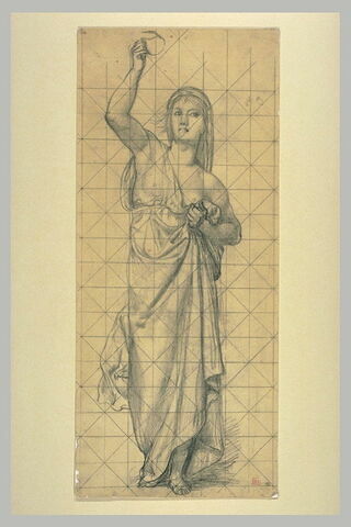 Femme vêtue d'une draperie, élevant une lampe de la main droite, image 1/1