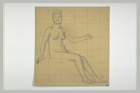 Femme nue assise, le corps tourné vers la droite, le bras gauche levé