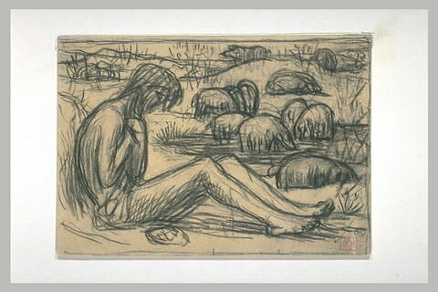 Jeune homme nu assis à terre, de profil à droite, dans un paysage..., image 1/1