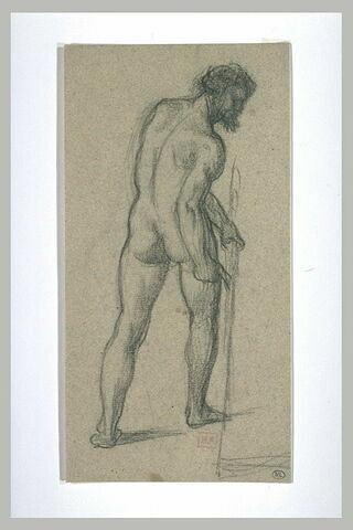 Homme nu, vu de dos, la tête de profil à droite, tenant une faux, image 1/1