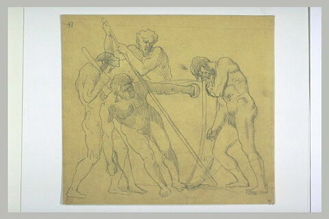 Quatre hommes nus, dont deux s'appuyant sur des leviers déplaçant une barque, image 1/1