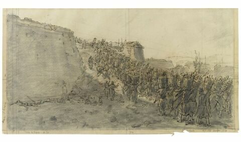 Soldats s'avançant dans des fortifications, lors du siège de Rome