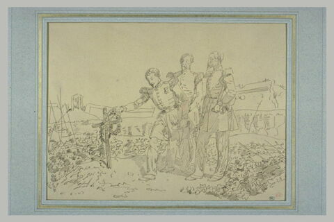 Trois officiers près d'une tombe, lors du siège de Rome