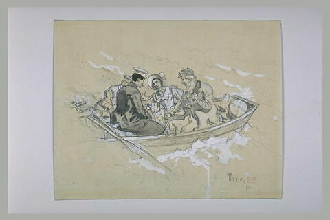 Projet d'illustration : trois hommes et une femme dans une embarcation