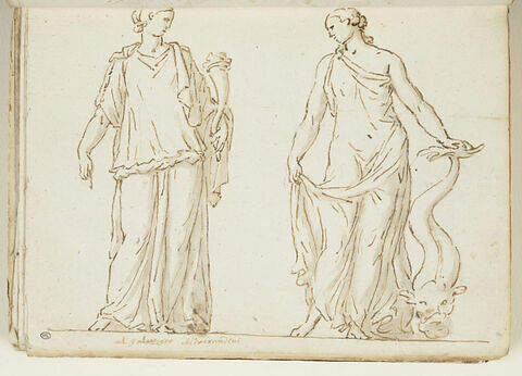 Deux femmes debout, vues de face ; la première, à gauche tient une corne...